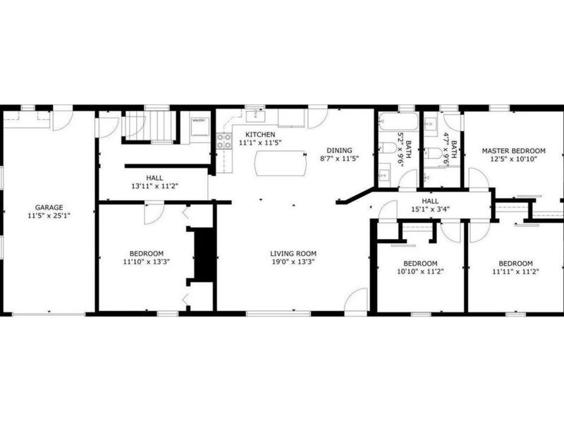Floor plan of the house: garage, hall, four bedrooms, two bathrooms, and the kitchen, dining and living rooms opening into one another.